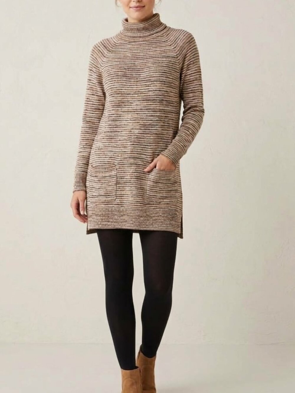Sweater Dress Tunic Turtleneck Brown Knit Long Sleeve Cotton Medium Minimalist